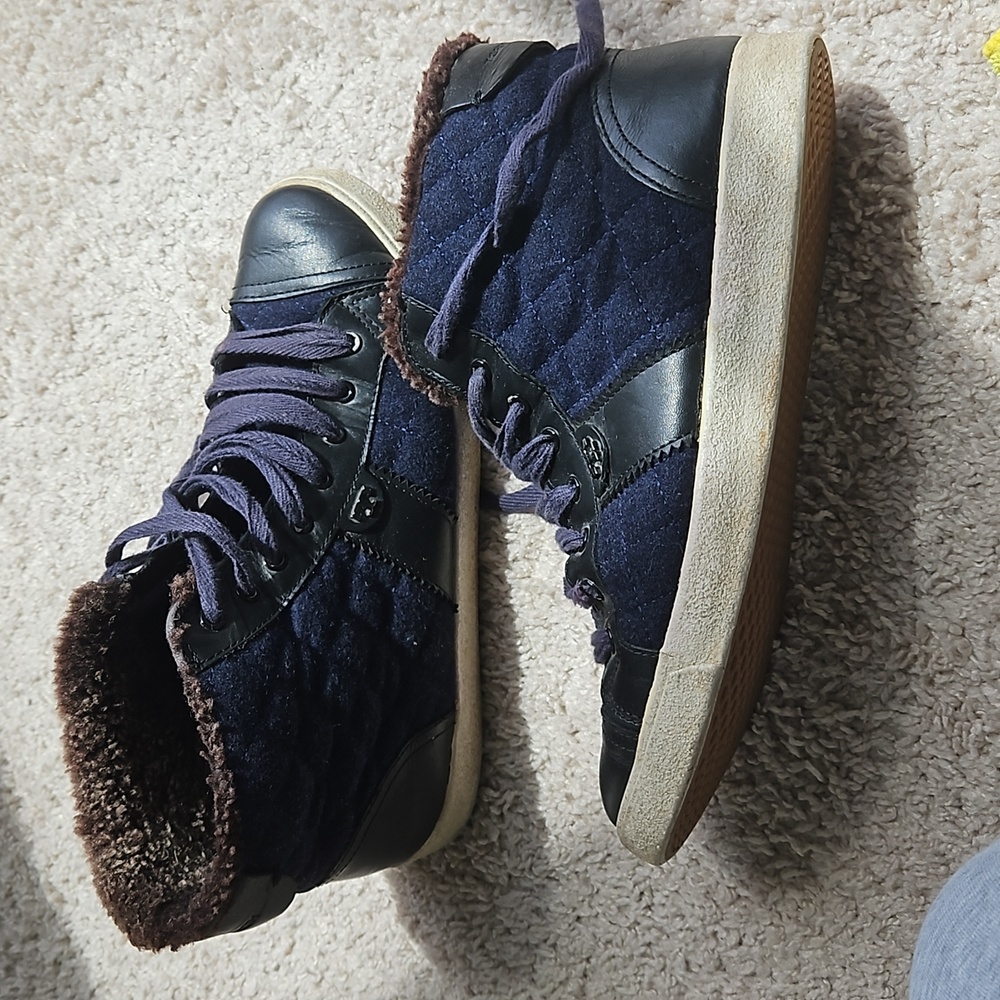 Tory Burch navy and black quilted high top boots